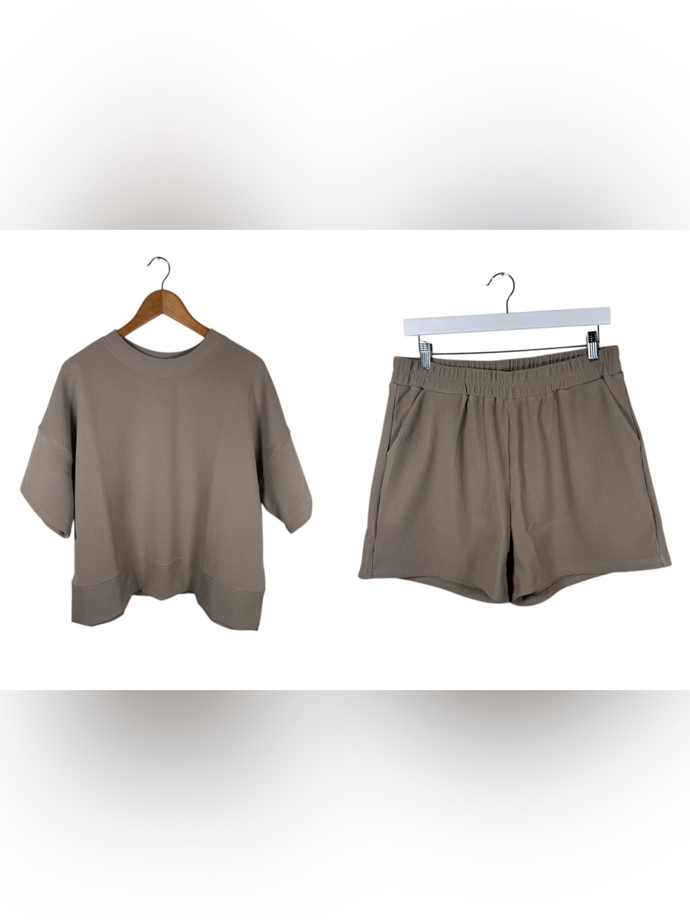 Zenana Outfitters Taupe Ribbed Neck Lounge Top & Bottom. Size Large 🧡 - Picture 3 of 17
